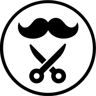Icon mit Schnurrbart und einer offenen Schere darunter