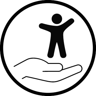 Icon für das Sanitätshaus mit einer minimalistisch illustrierten offenen Hand und einem stilisiertem Menschen darüber.