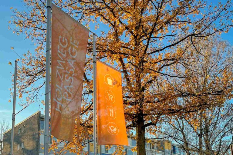 Zwei orangefarbene Fahnen mit der Aufschrift „Holzweg Passage“ und Piktogrammen für Einkaufen, Gastronomie und Dienstleistungen wehen im Wind vor einem herbstlich gefärbten Baum und blauem Himmel.