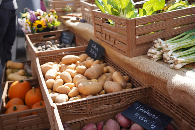 Stand mit Gemüseauslage beim Bauernmarkt in der Holzweg-Passage